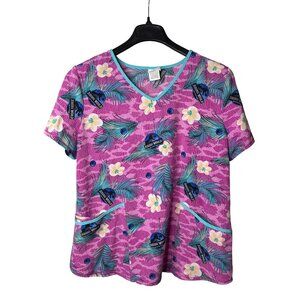 Jurassic World Dominion Womens Scrub Top L Short Sleeve Floral Leaves Multicolor